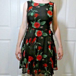 Black Floral Dress British Roses Fit and Flair Chiffon Church Party Office Wear